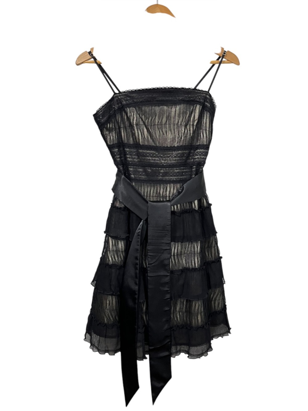 Marciano Black Silk Lace Overlay Tiered Mini Dress with Satin Waist Sash